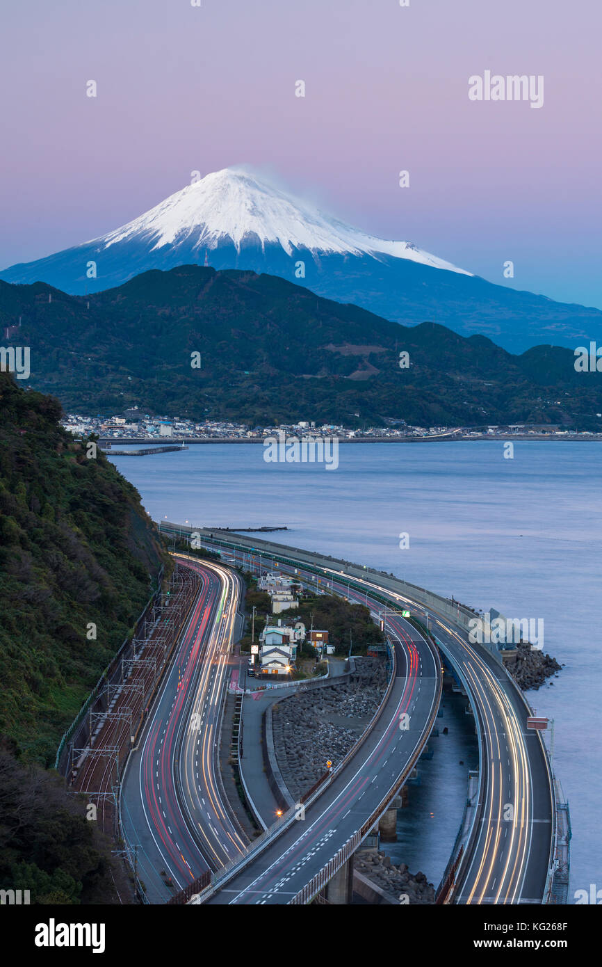 Mount Fuji and traffic driving on the Tomei Expressway, Shizuoka, Honshu, Japan, Asia Stock Photo