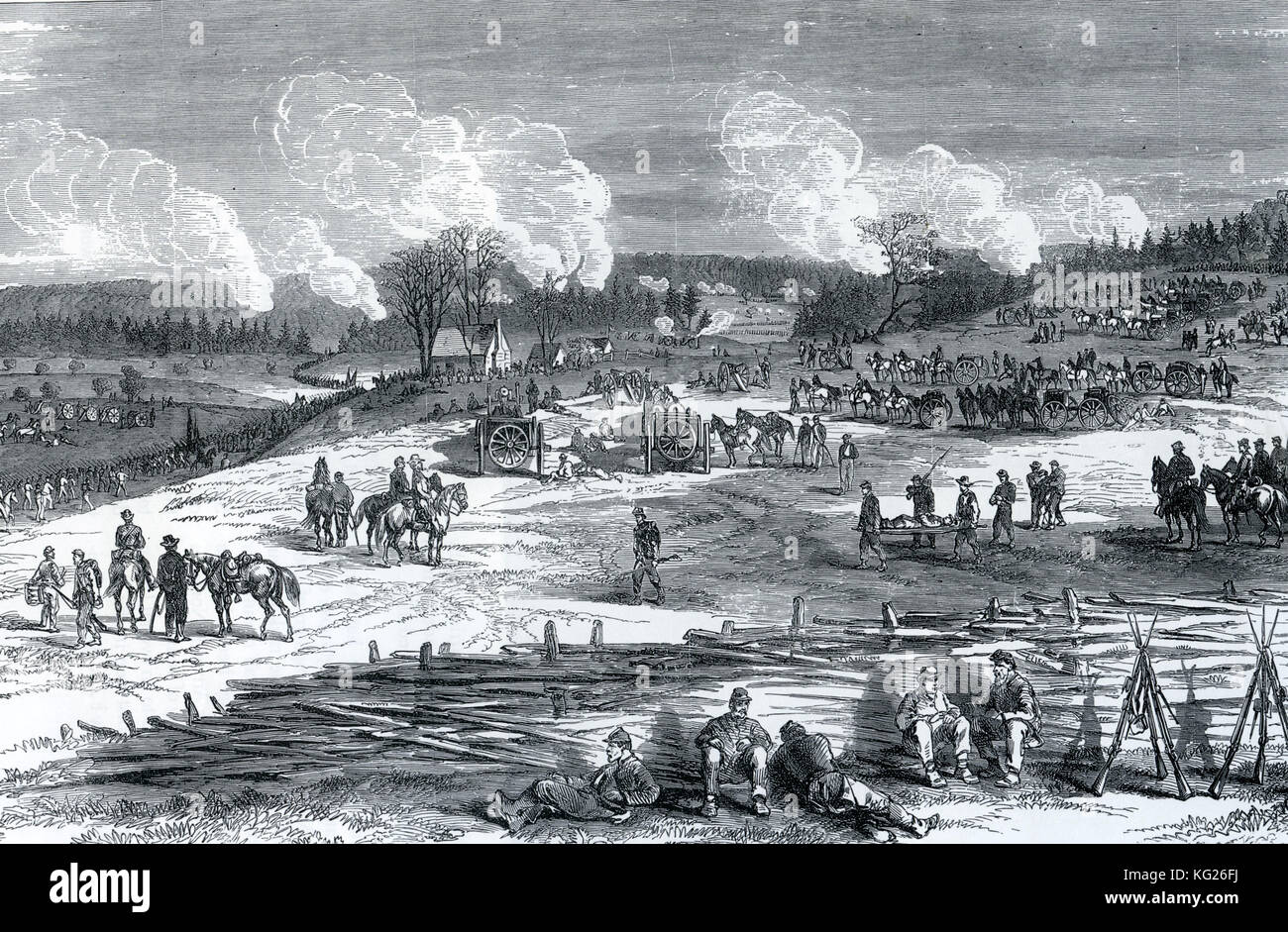 AMERICAN CIVIL WAR : The Battle of Spotsylvania Courthouse - Alsop's Farm in May 1864 with Union soldiers resting and gun trains being limbered up. Stock Photo