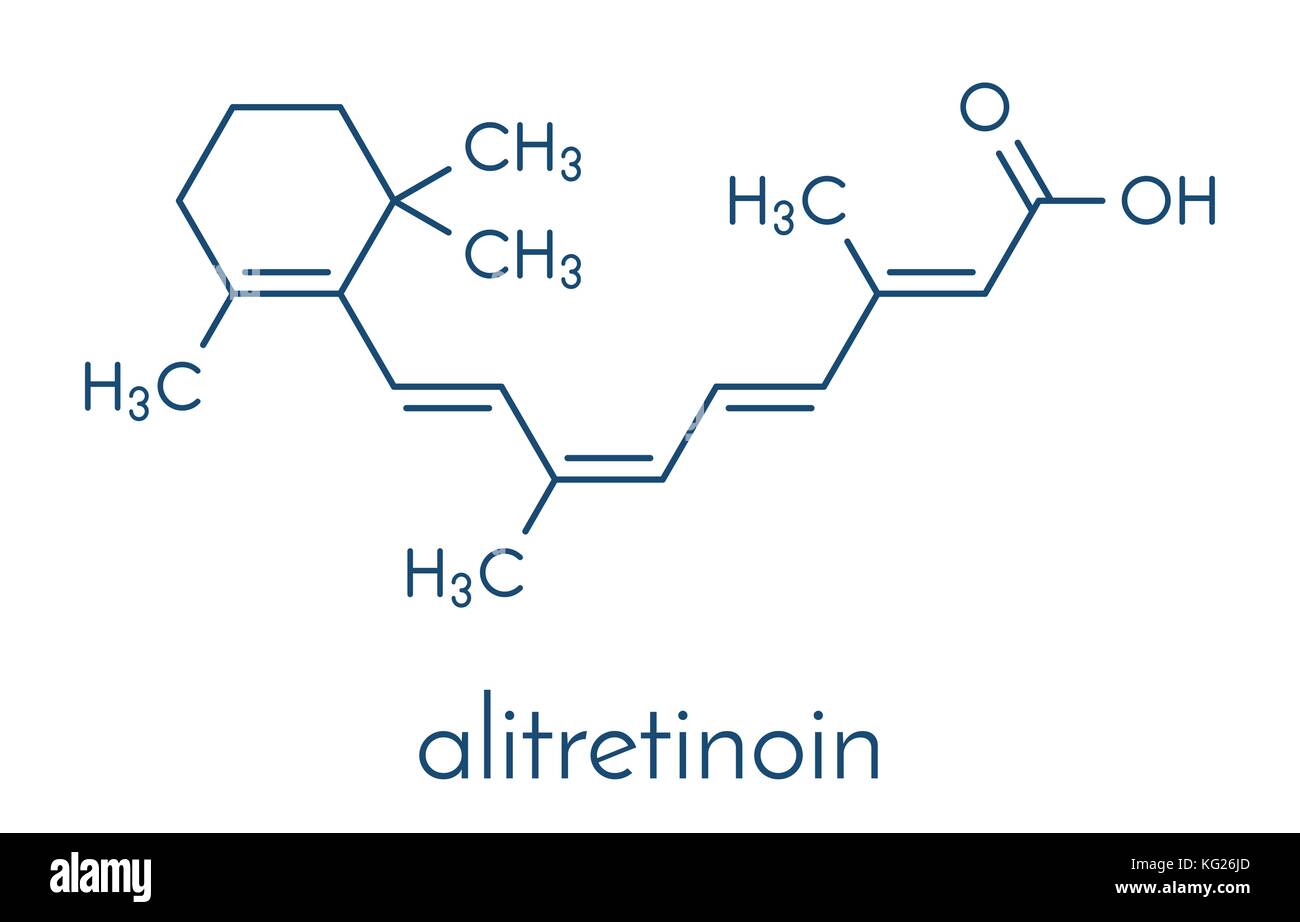 Alitretinoin (9-cis-retinoic acid) cancer and eczema drug molecule. Analog of vitamin A. Skeletal formula. Stock Vector