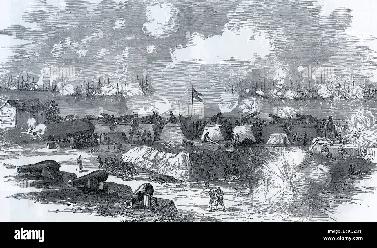 AMERICAN CIVIL WAR The interior of Fort Walker, Port Royal, South Carolina under bombardment by  the Union fleet  on 7 November 1861. Stock Photo