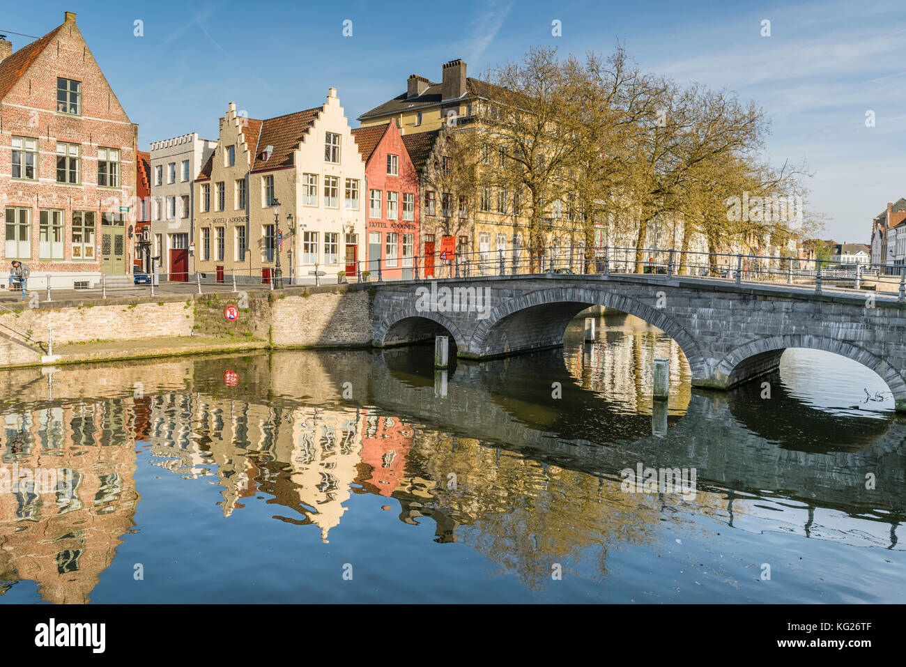 Bridge and houses on the Langerei canal, Bruges, West Flanders province, Flemish region, Belgium, Europe Stock Photo