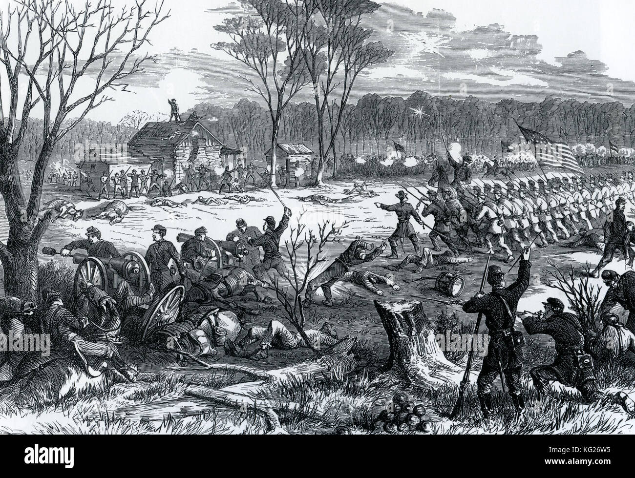 AMERICAN CIVIL WAR: Battle of Shiloh in south west tennessee on the second day 7 April 1862. Union troops at right advance with considerable artistic licence  as captured guns at left are turned against the Confederates defenders. Stock Photo