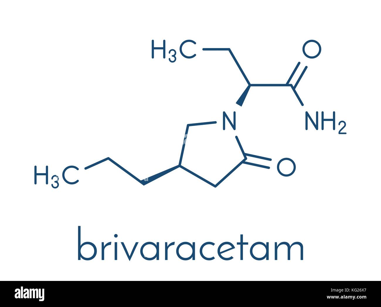 Brivaracetam anticonvulsant drug molecule. Used in treatment of seizures. Skeletal formula. Stock Vector