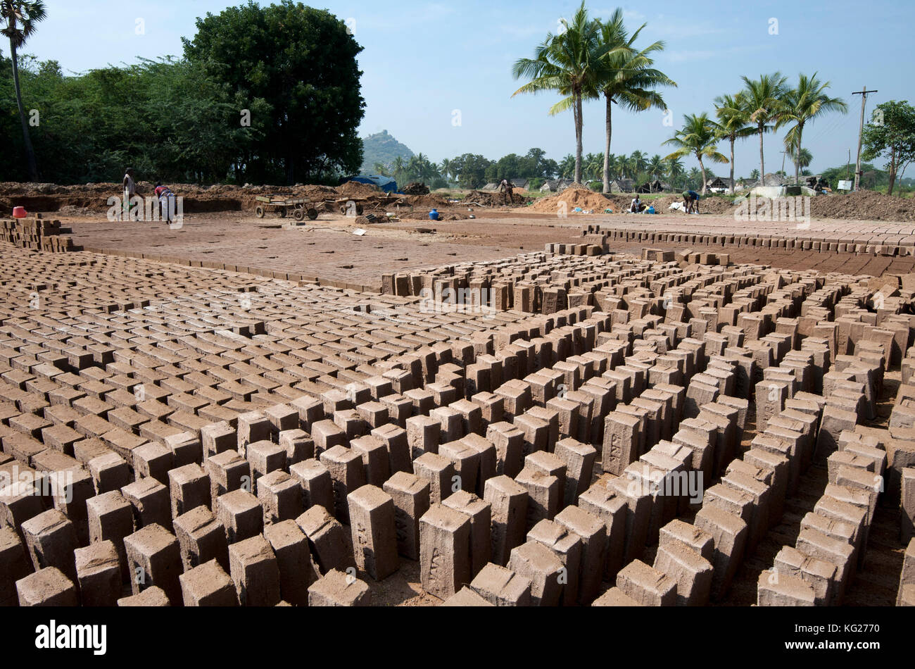 Bricks being made by hand out of roadside clay, Tamil Nadu, India, Asia Stock Photo