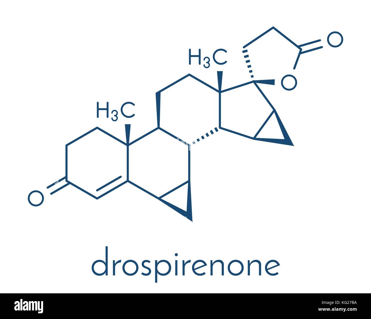 Drospirenone contraceptive drug molecule. Progestin used in birth control pills. Skeletal formula. Stock Vector