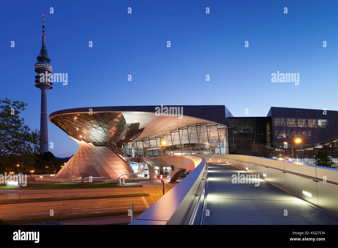 BMW Welt with television tower, Olympiazentrum, Mittleren Ring, Munich, Bavaria, Germany, Europe Stock Photo
