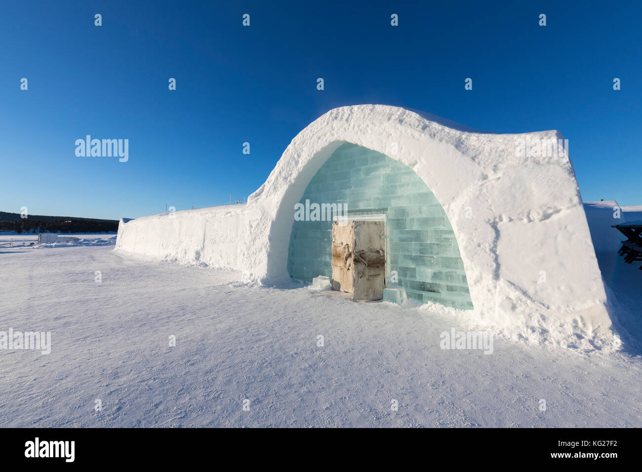 Ice building with igloo shape in the snow, Ice Hotel, Jukkasjarvi, Kiruna, Norrbotten County, Lapland, Sweden, Scandinavia, Europe Stock Photo
