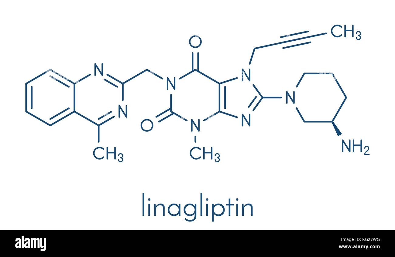 Linagliptin diabetes drug molecule (dipeptidyl peptidase 4 or DPP4 inhibitor). Skeletal formula. Stock Vector