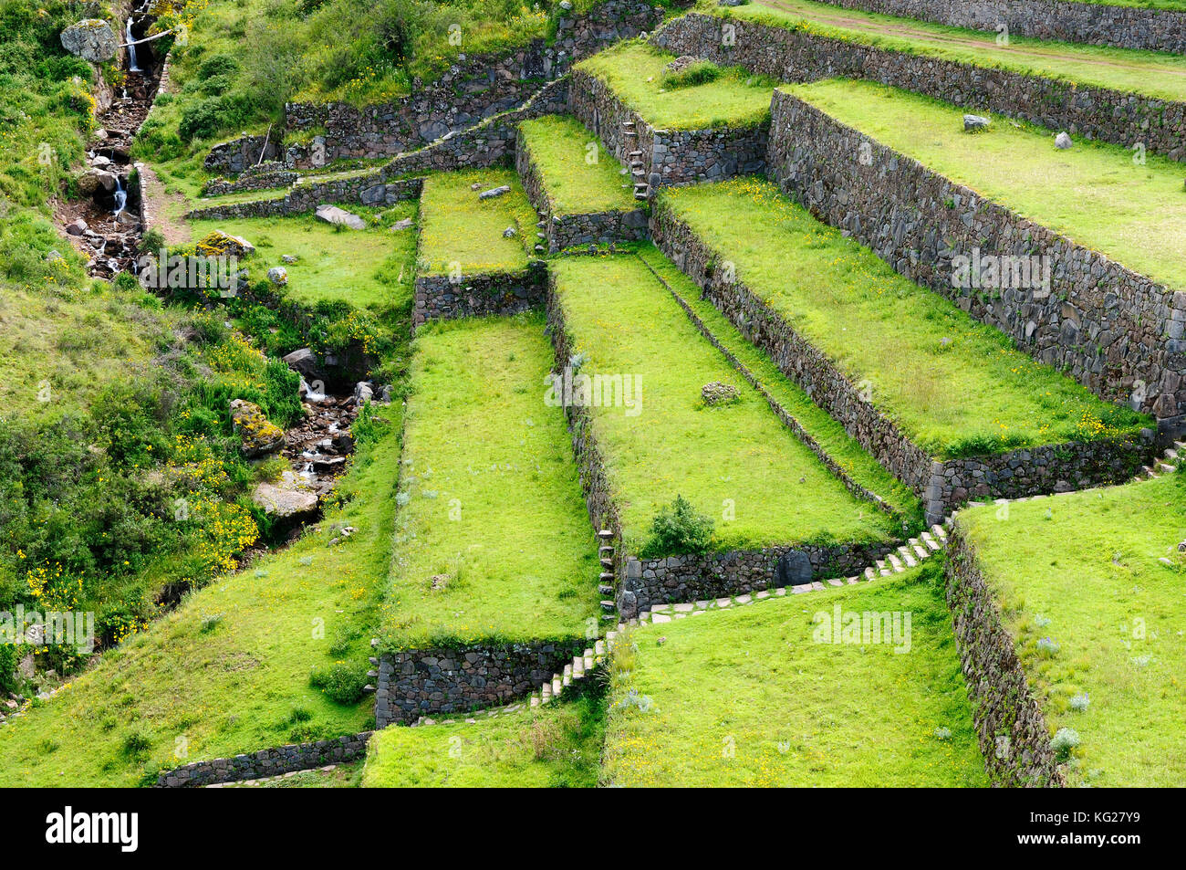 Inca agricultural terraces on slopes in Peru Stock Photo