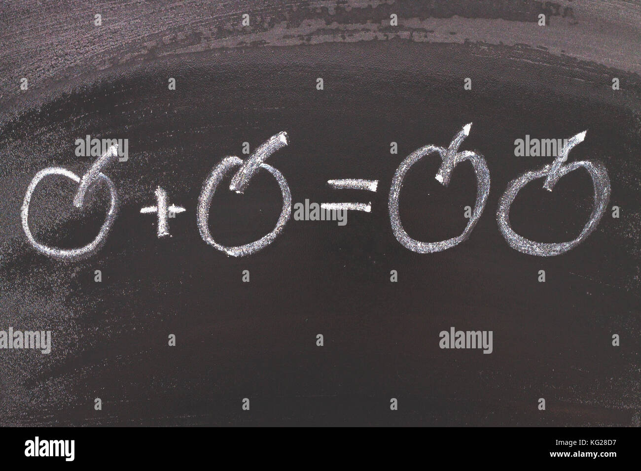 Math simple equation on chalk board. One plus One equals two Stock