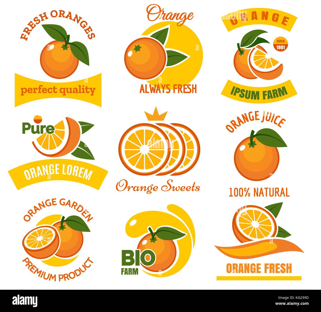 Orange slice products emblems. Cartoon dessert oranges with green leaves fruits graphic logo set isolated on white background Stock Vector
