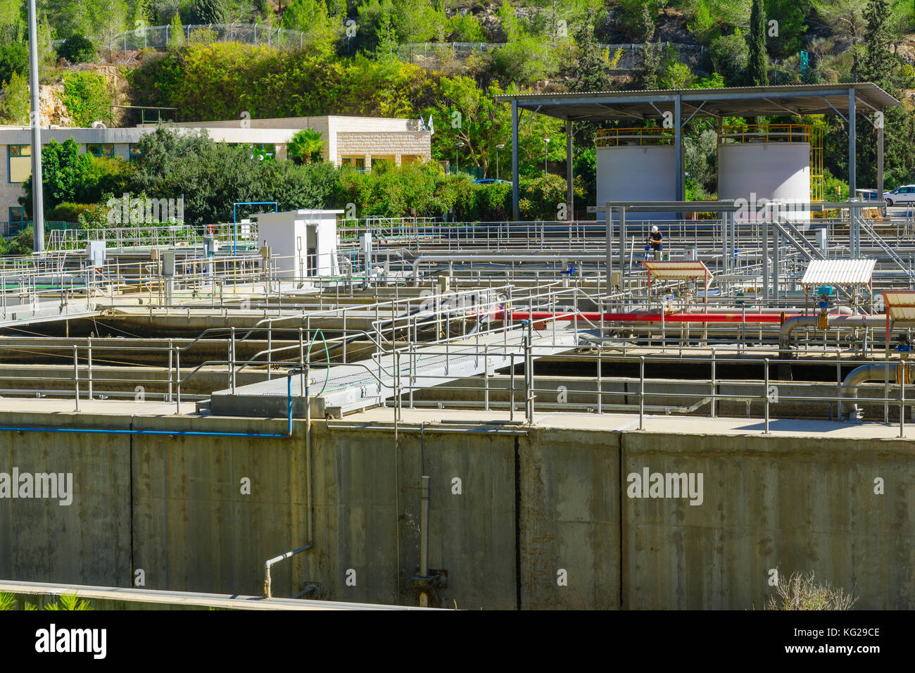 JERUSALEM, ISRAEL - OCTOBER 26, 2017: View of a Sewage Treatment Plant, with a worker, in the Sorek Valley, near Jerusalem, Israel Stock Photo