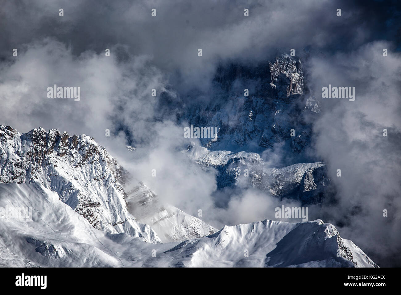 dramatic weather landscape in winter dolomites mountains Stock Photo