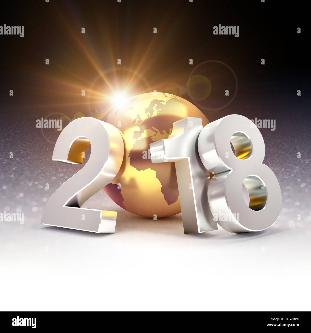 2018 New Year typescript composed with a golden planet earth, on a glittering black background - 3D illustration Stock Photo