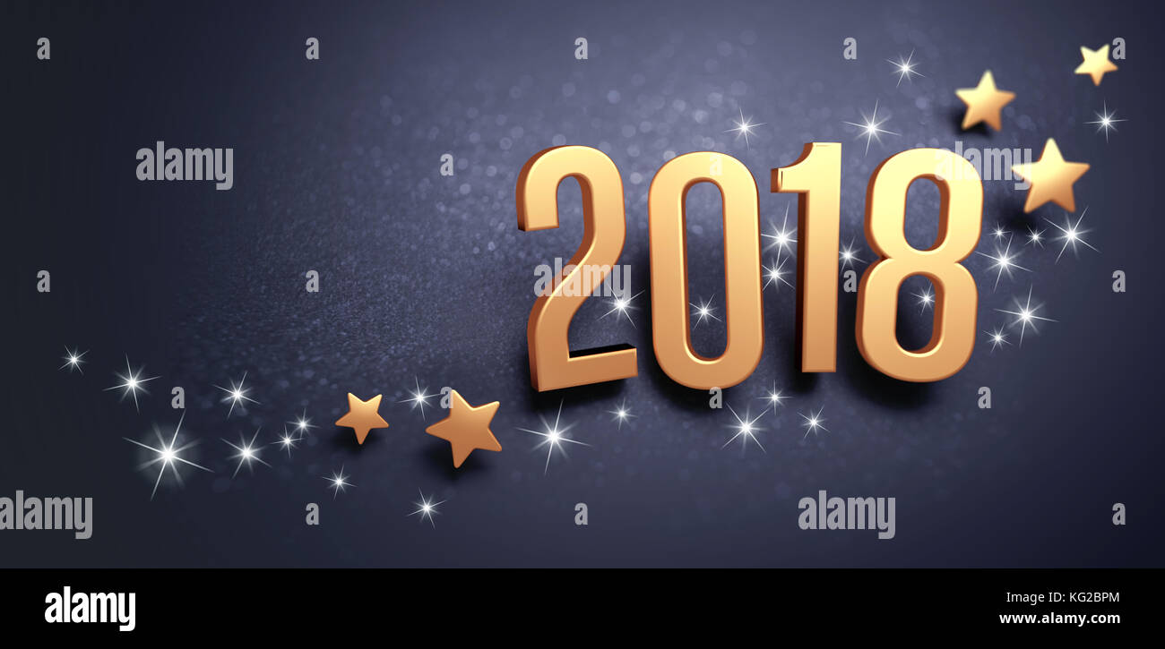 Gold year 2018 typescript and stars shapes on a festive black background Stock Photo