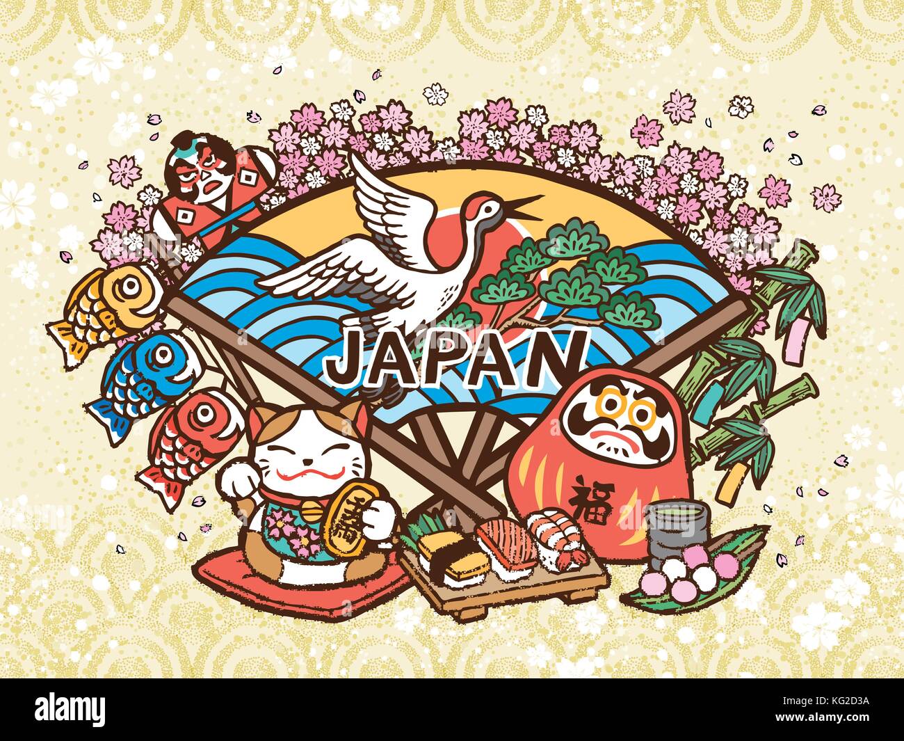 Lovely Japan concept illustration, hand drawn style with traditional symbol collection, fortune word in Japanese on the red daruma Stock Vector