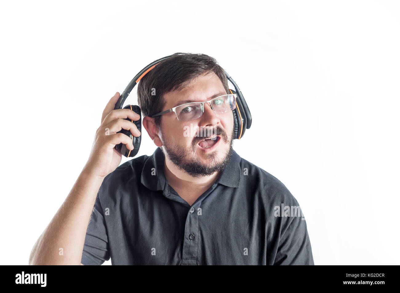 Caucasian man listen music from headphones Stock Photo