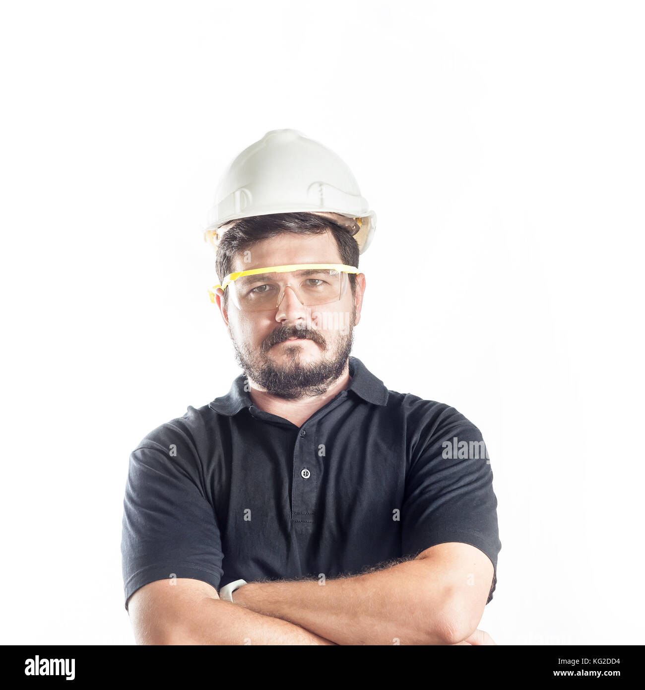 Caucasian engineer man with safety helmet on white background Stock Photo