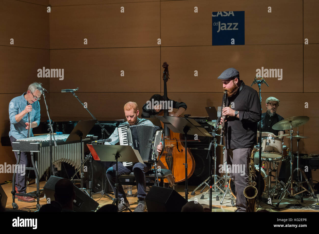 Rome, Italy. 01st Nov, 2017. This New York ensemble, led by the composer, drummer and four times nominated for Grammy, John Hollenbeck performed on 1/11/2017 at the Jazz House in Rome. The other members of the band are: Matt Moran vibraphone, Red Wierenga accordion, Jeremy Viner clarinet and tenor sax and Adam Hopkins double bass. Matt Moran vibraphone (L), Red Wieringa, Adam Hopkins, John Hollembeck and Jeremy Viner (D) Credit: Leo Claudio De Petris/Pacific Press/Alamy Live News Stock Photo