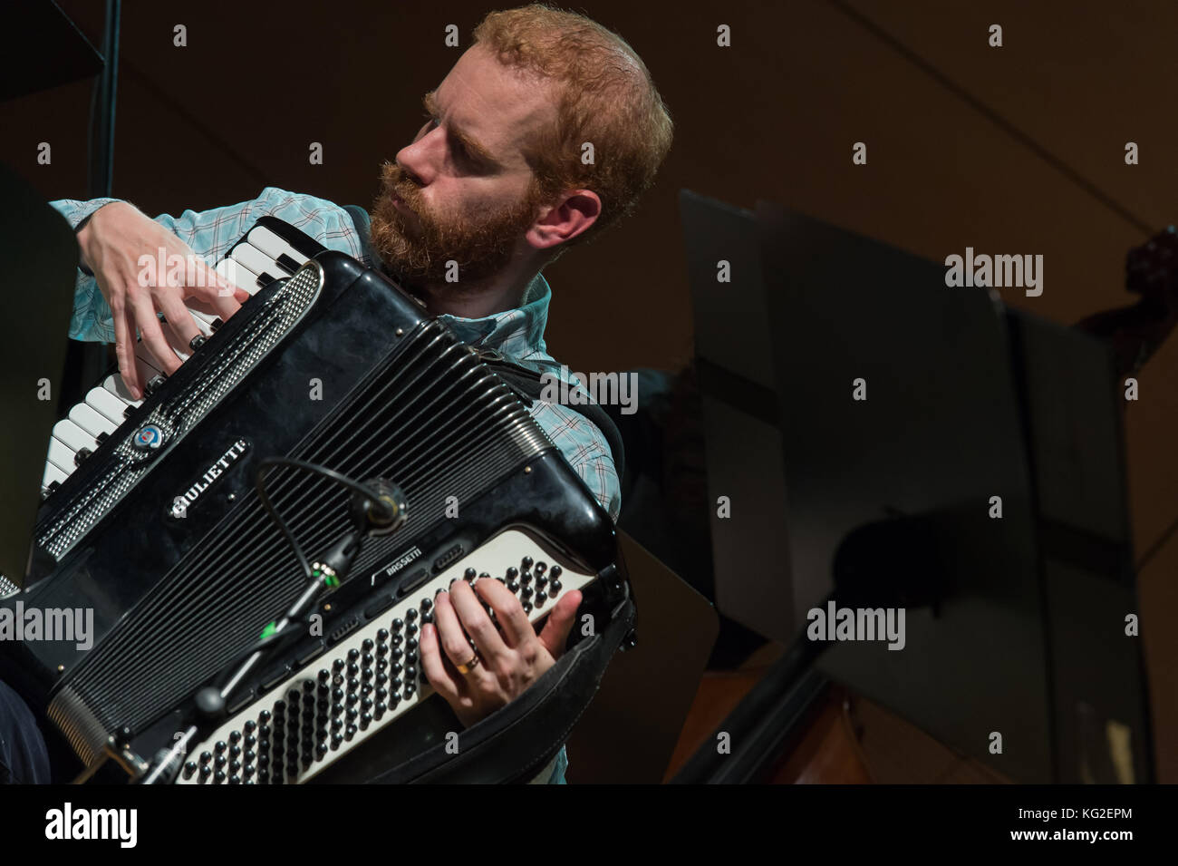 Rome, Italy. 01st Nov, 2017. This New York ensemble, led by the composer, drummer and four times nominated for Grammy, John Hollenbeck performed on 1/11/2017 at the Jazz House in Rome. The other members of the band are: Matt Moran vibraphone, Red Wierenga accordion, Jeremy Viner clarinet and tenor sax and Adam Hopkins double bass. Red Wierenga Credit: Leo Claudio De Petris/Pacific Press/Alamy Live News Stock Photo