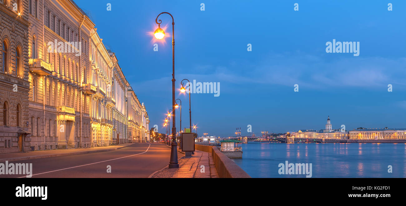 Night view of illumunated Palace Embankment and Neva River, St. Petersburg, Russia Stock Photo