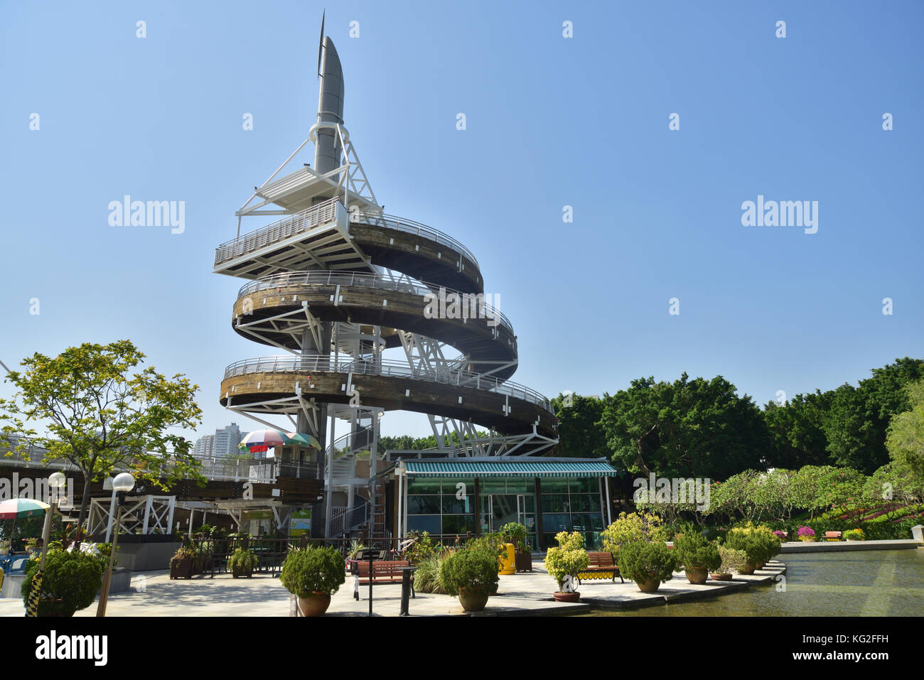 Spiral Lookout Tower in Tai Po Waterfront Park, Hong Kong. It was built to commemorate the handover of the sovereignty of Hong Kong to China. Stock Photo