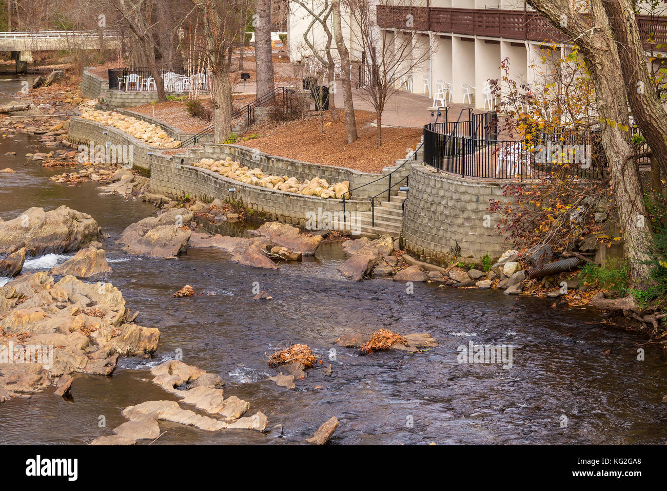 Aerial view of the Chattahoochee river, embankment and part of hotel on