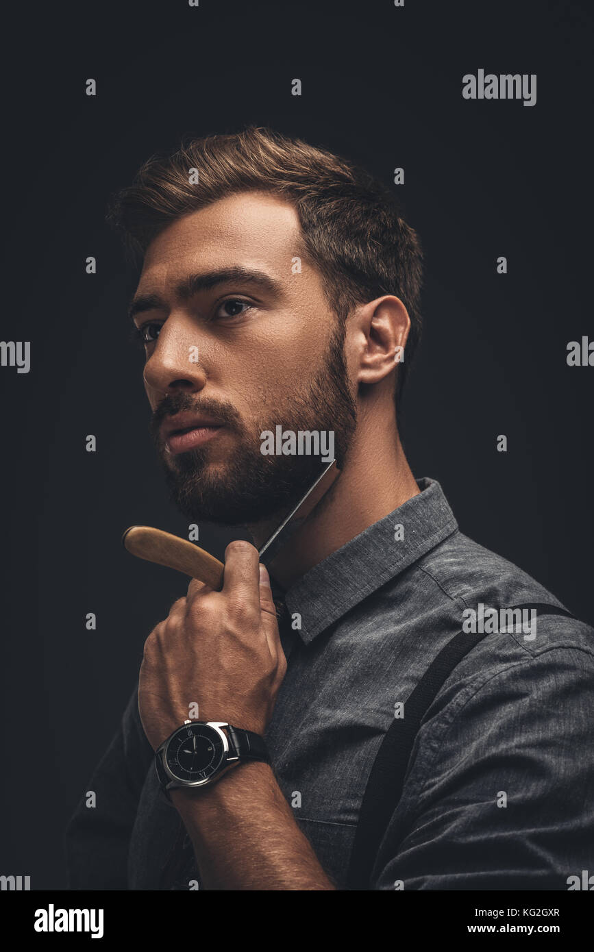 Man Shaving With Straight Razor Stock Photo Alamy