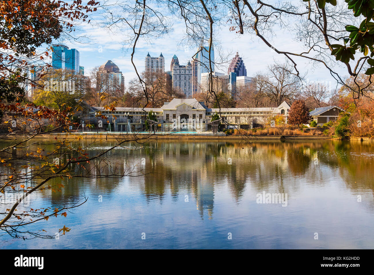 View of Lake Clara Meer, Piedmont Park Aquatic Center and Midtown Atlanta in sunny autumn day