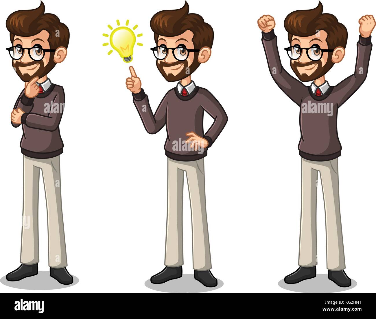 Set of hipster businessman cartoon character design get great idea  inspiration light bulb, thinking thoughtful gesture, and celebrating  victory Stock Vector Image & Art - Alamy