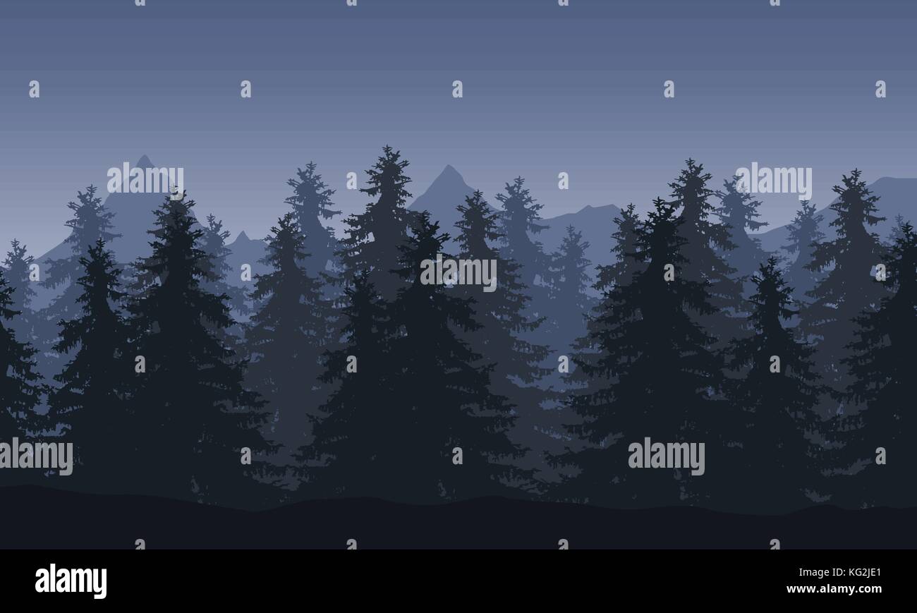 Vector illustration of a landscape with forest and mountains in the background under a gray night sky Stock Vector
