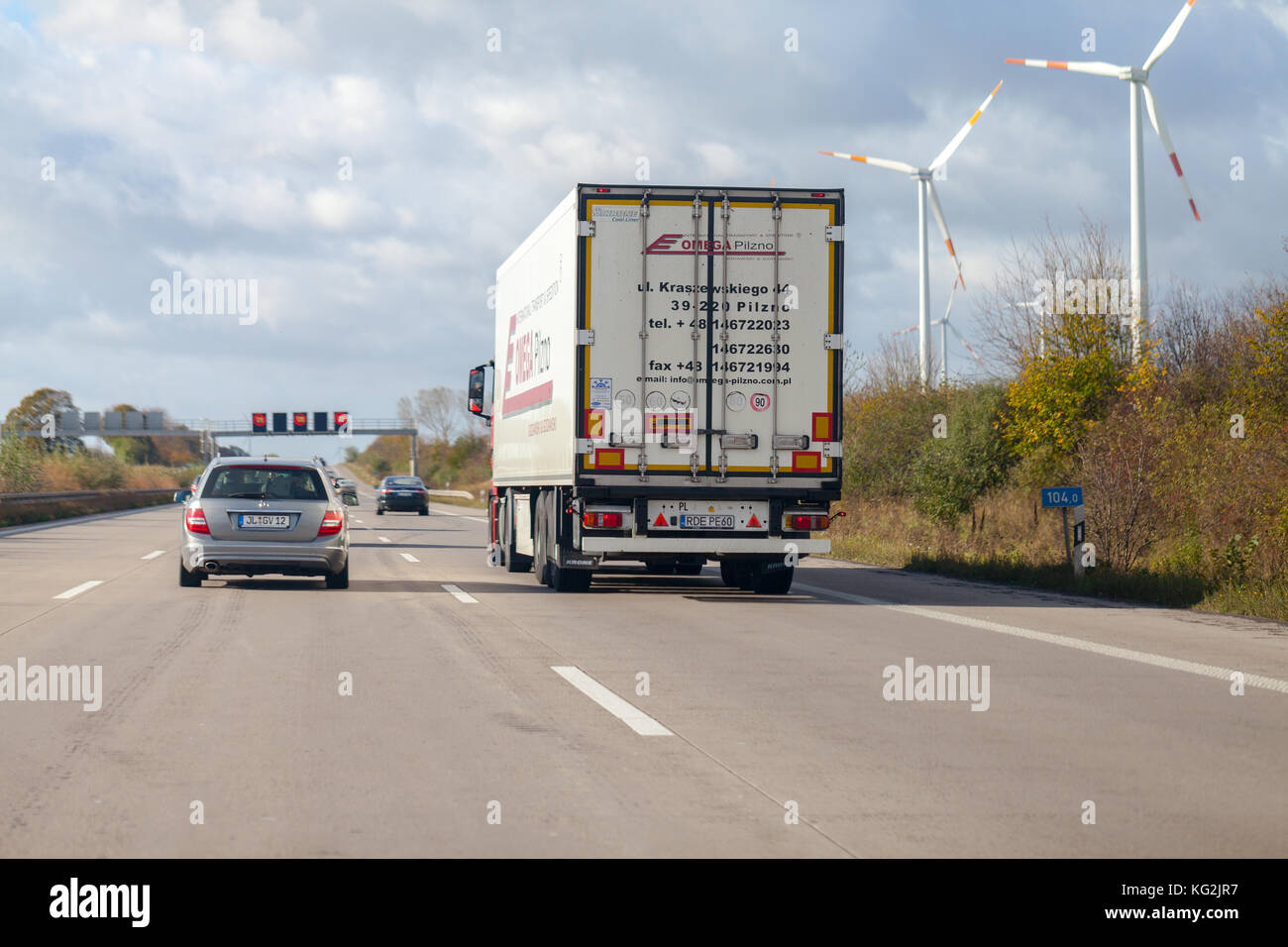 BRAUNSCHWEIG / GERMANY - OCTOBER 29, 2017: truck from polish forwarder Omega Pilzno drives on  german motorway A2. Stock Photo
