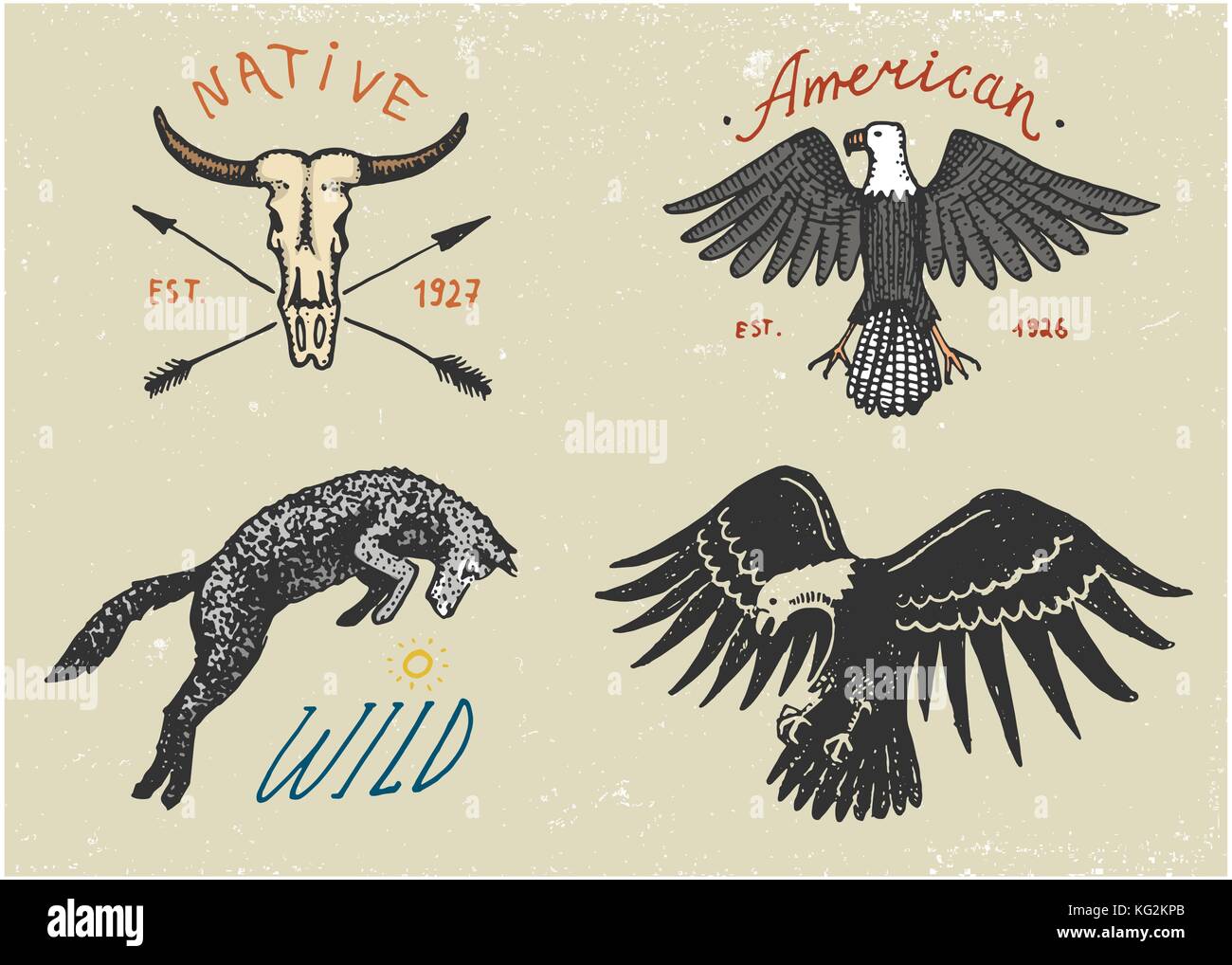 set of engraved vintage, hand drawn, old, labels or badges for camping, hiking, hunting with bald eagle, wild wolf and buffalo skull Stock Vector