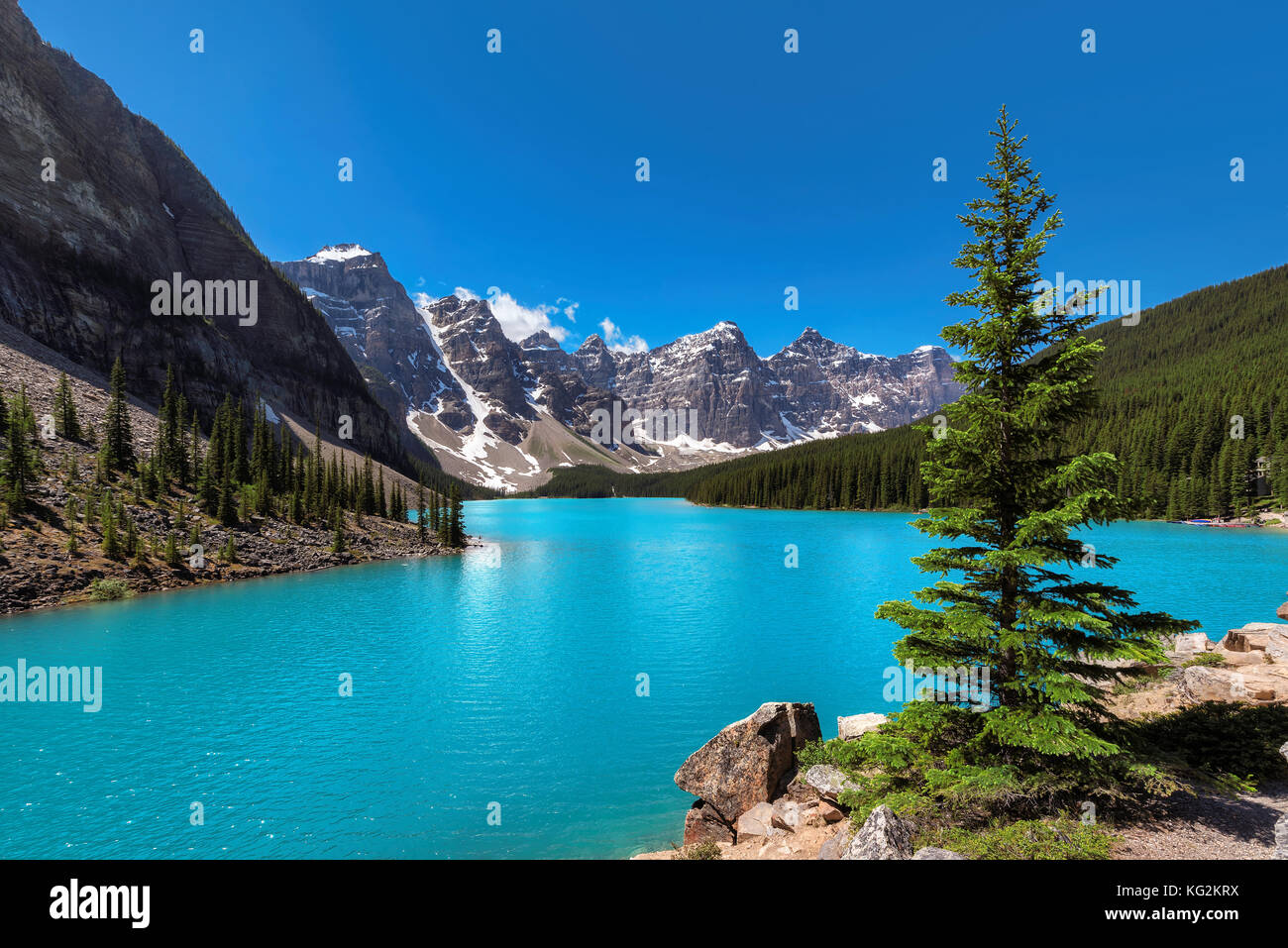 Moraine lake in Rocky Mountains of Canada Stock Photo