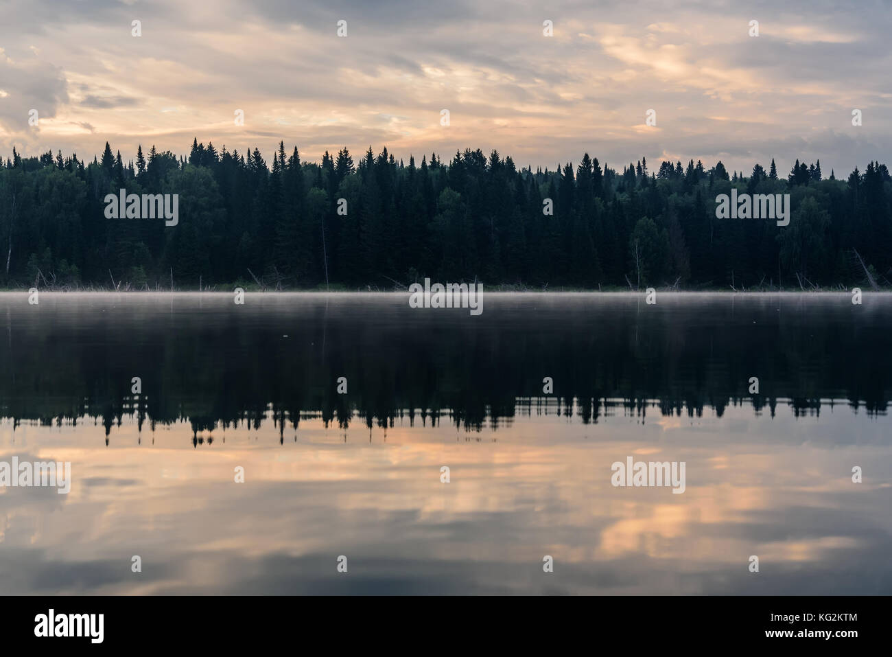Scenic view with forest, fog and clouds reflecting in the smooth water ...