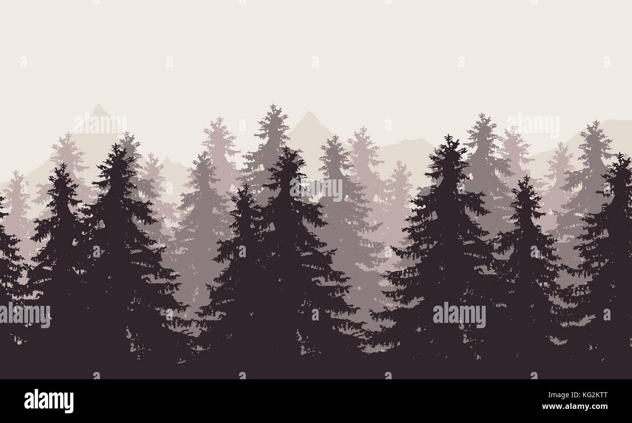 Vector illustration of a landscape with forest and mountains with fog in the background under a gray sky Stock Vector