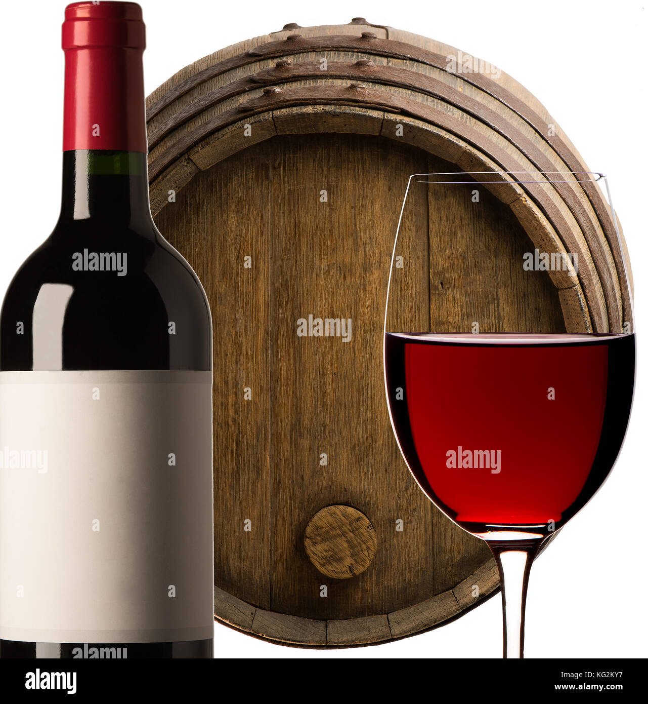 Barrel Wine, Bottle of Wine, Glass of red wine on a white background, France Stock Photo