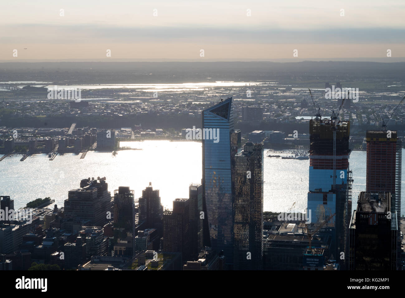 Panoramic photo of Manhattan skyline, skyscrappers, buildings, river in sunny day. Stock Photo