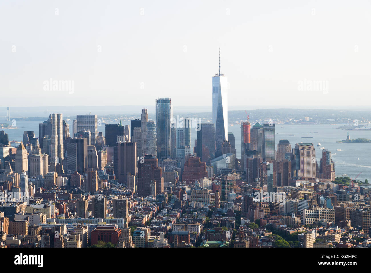 Panoramic photo of Manhattan skyline, skyscrappers, buildings, river in sunny day. Stock Photo