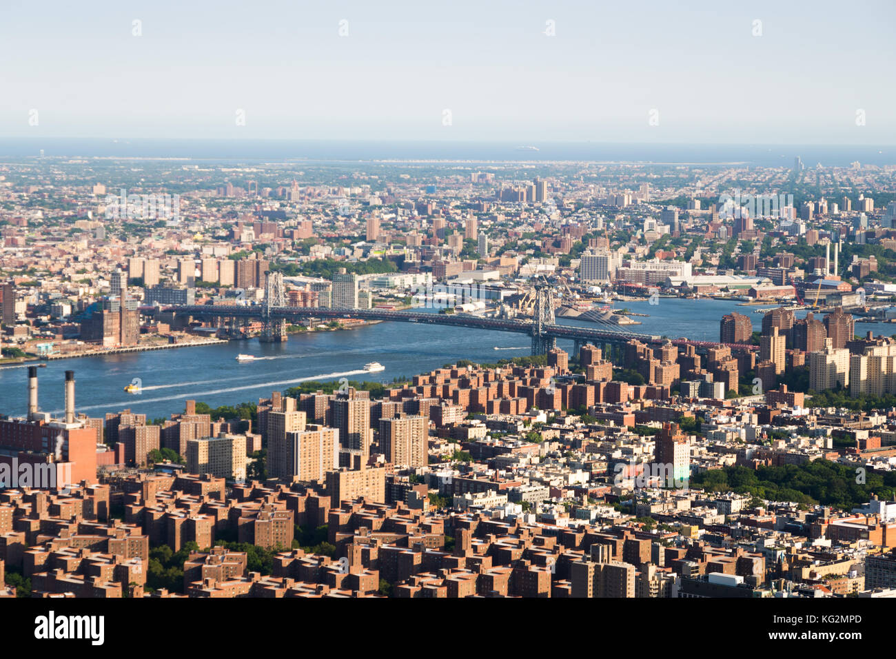 Panoramic photo of Manhattan skyline, skyscrappers, buildings, river in sunny day. Stock Photo