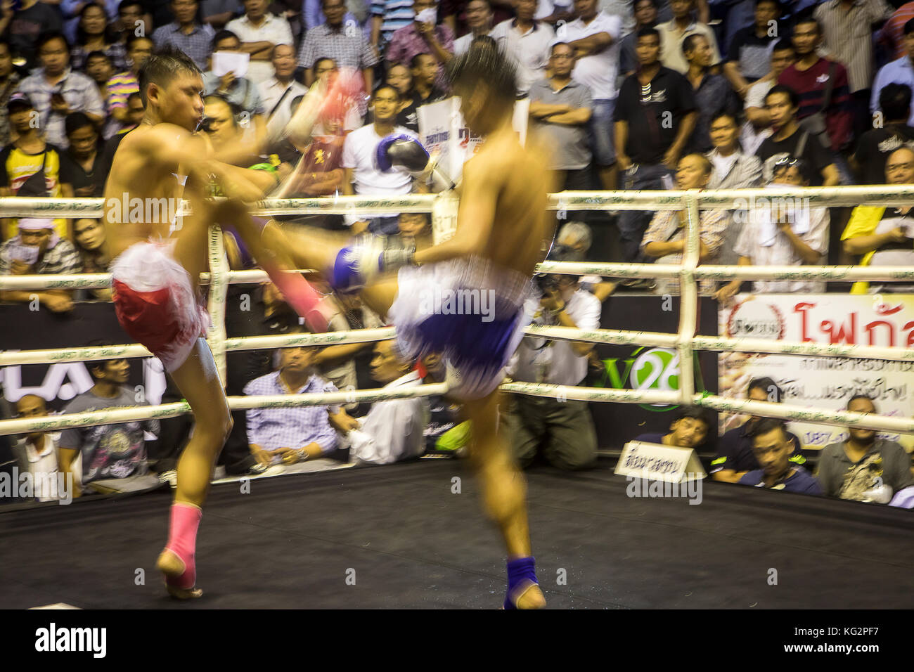 Muay Thai boxers fighting, Bangkok, Thailand Stock Photo