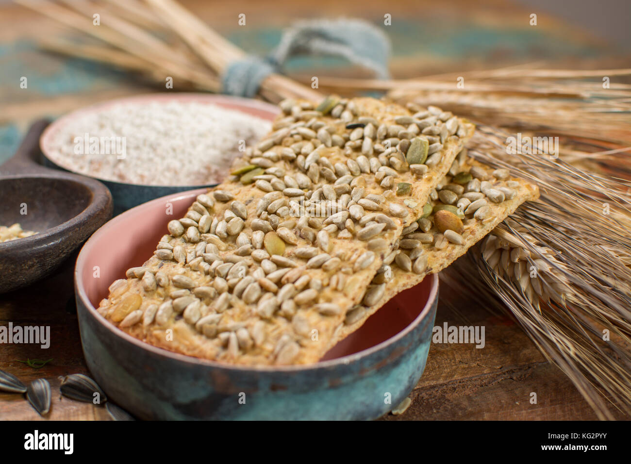 Whole grain wheat flour, sunflowers seeds and healthy fresh baked