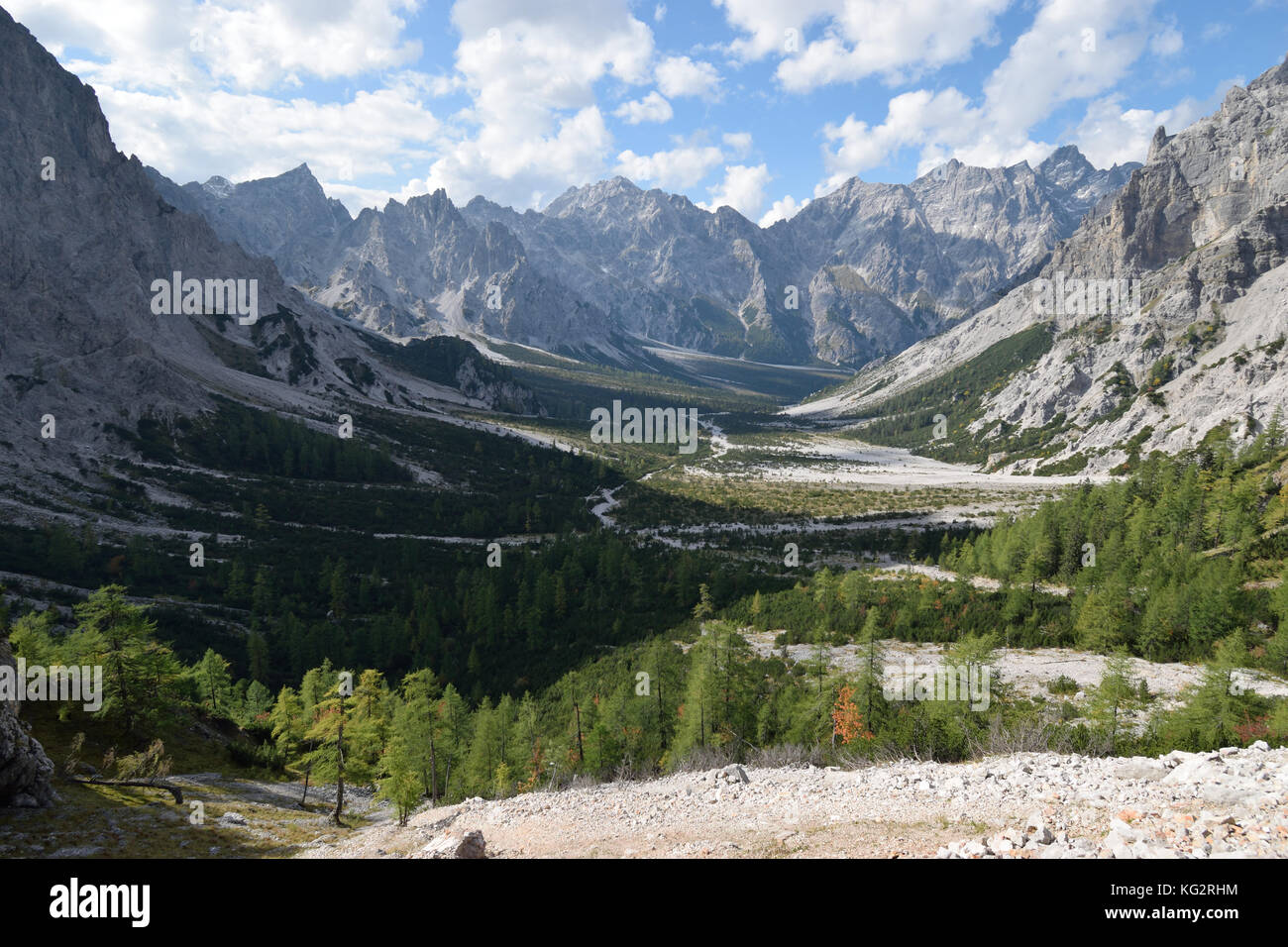 View at Wimbachgries valley with Mt. Hochkalter, Hocheisspitze and Palfelhorn, Berchtesgaden national park, Bavaria, Germany Stock Photo