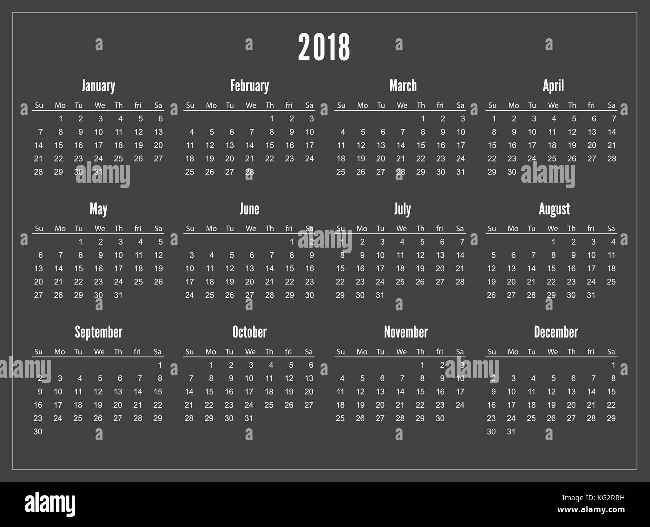 Simple pocket calendar 2018 year on black  Background.  Stock Vector
