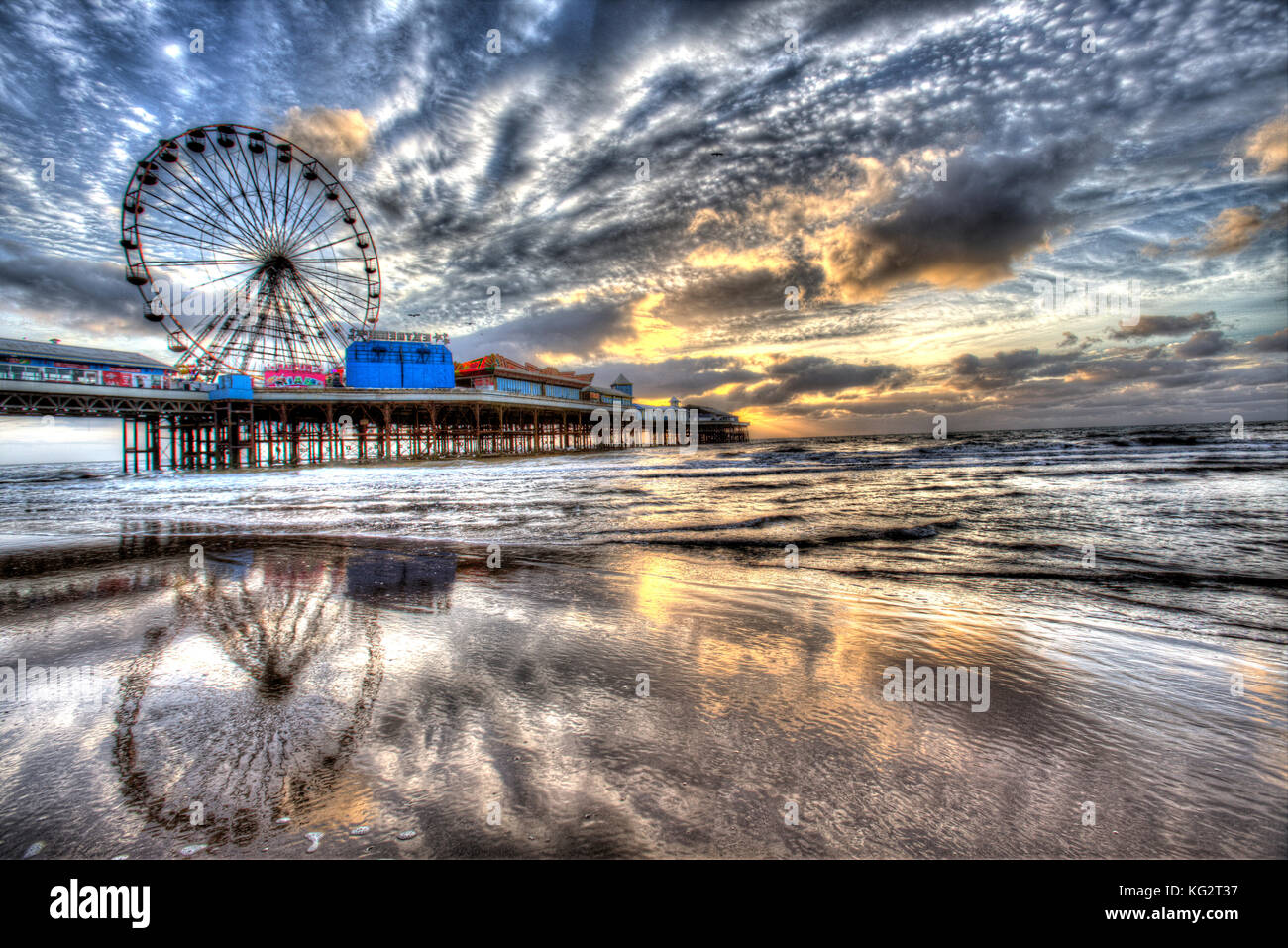 Town of Blackpool, England. Picturesque dusk view of Blackpool’s Central Pier. Completed in 1868, the Victorian pier was constructed as an attraction  Stock Photo