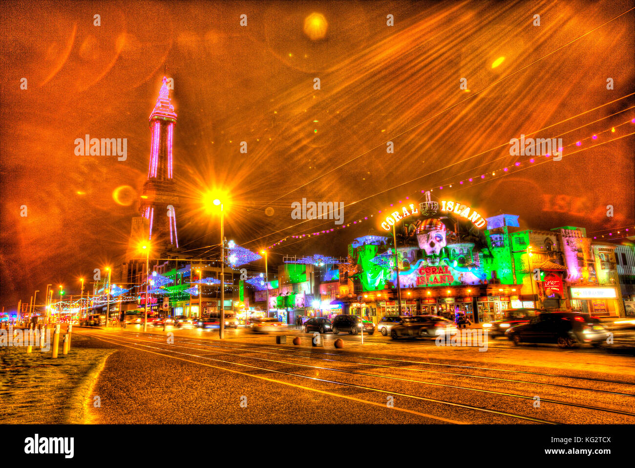 Town of Blackpool, England. Night view of Blackpool Illuminations and Blackpool Tower. This photograph has been produced by merging three differently  Stock Photo