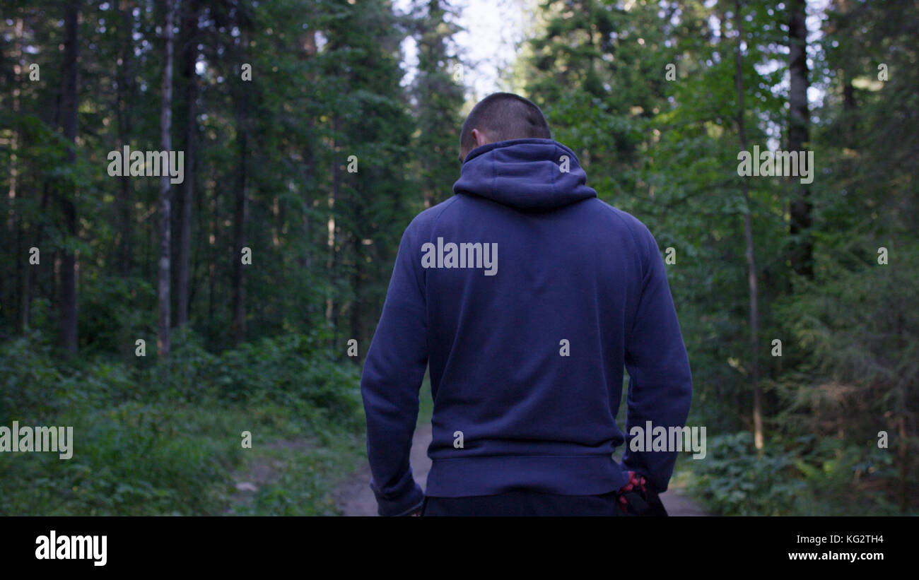 Rear view of male hiker standing in forest. Hooded young man standing in the forest and exploring, freedom and nature concept. Man back arms outstretched, autumn Stock Photo