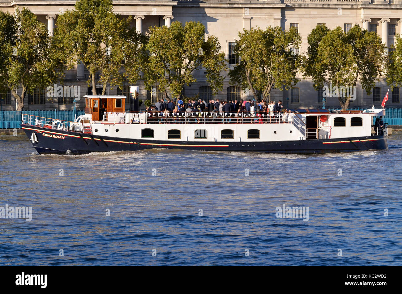 Edwardian luxury charter boat, River Thames, London, UK. The Edwardian is operated by Thames Luxury Charters It is available for parties and events. Stock Photo