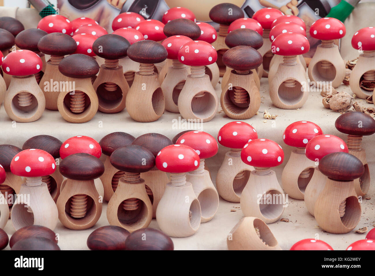 stand with several mushroom shaped nutcrackers Stock Photo Alamy