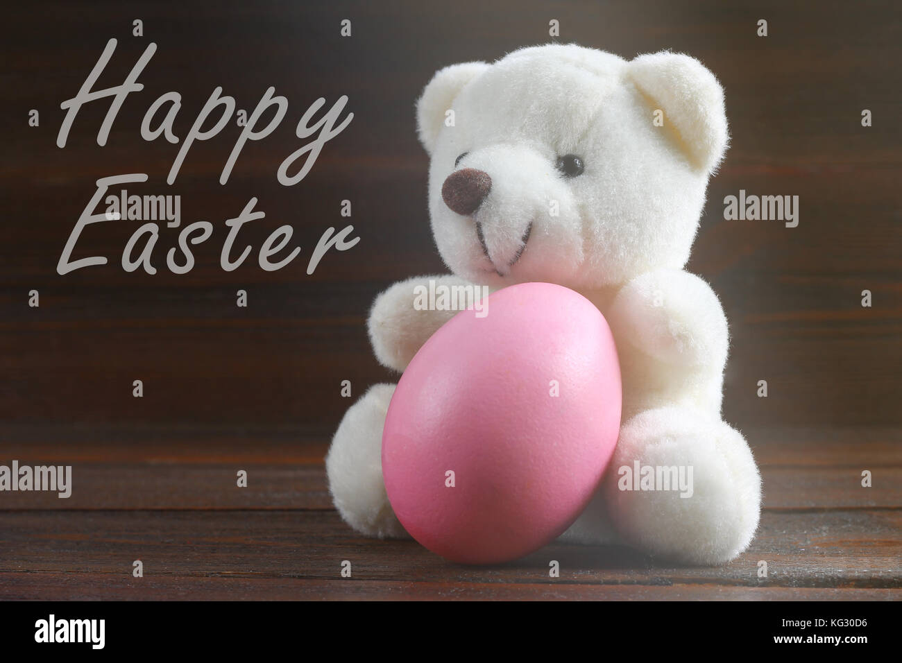Teddy Bear holding an Easter egg chicken wood background Stock